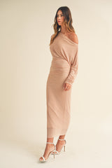 OCEAN NECKLINE RUCHED BODICE MIDI DRESS