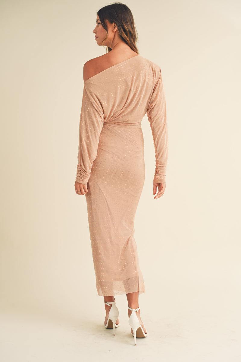 OCEAN NECKLINE RUCHED BODICE MIDI DRESS