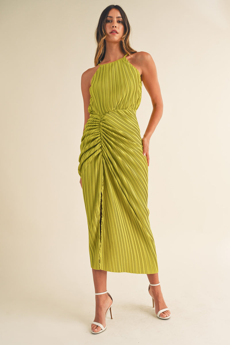 YANNI RUCHED PLEATED MIDI DRESS