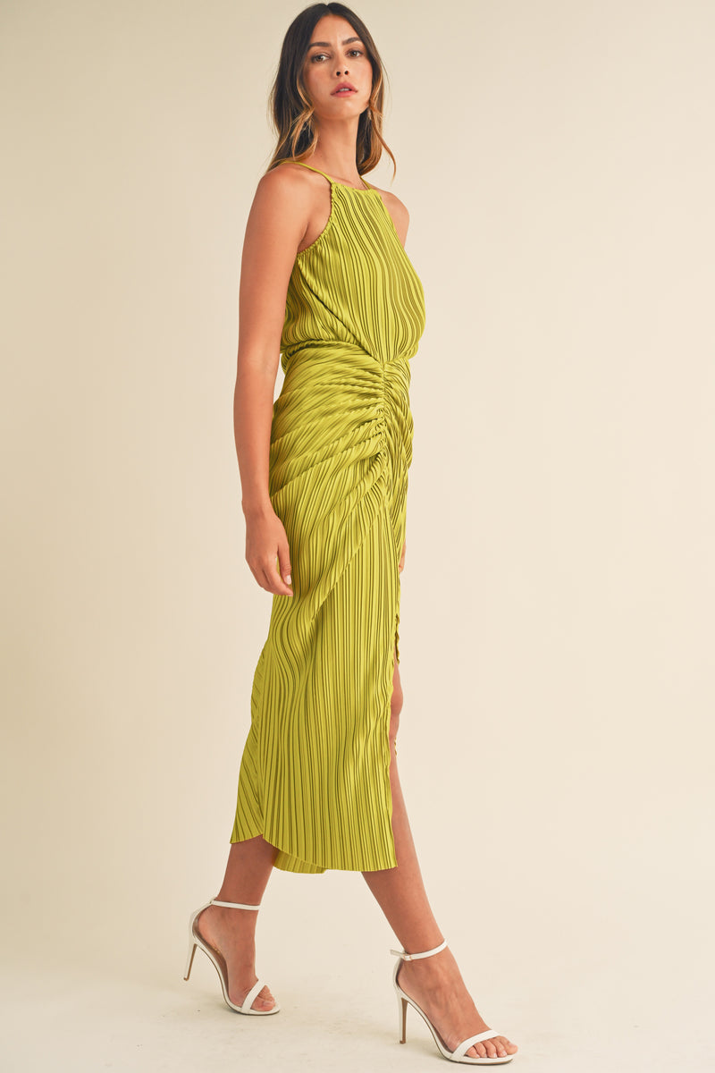 YANNI RUCHED PLEATED MIDI DRESS