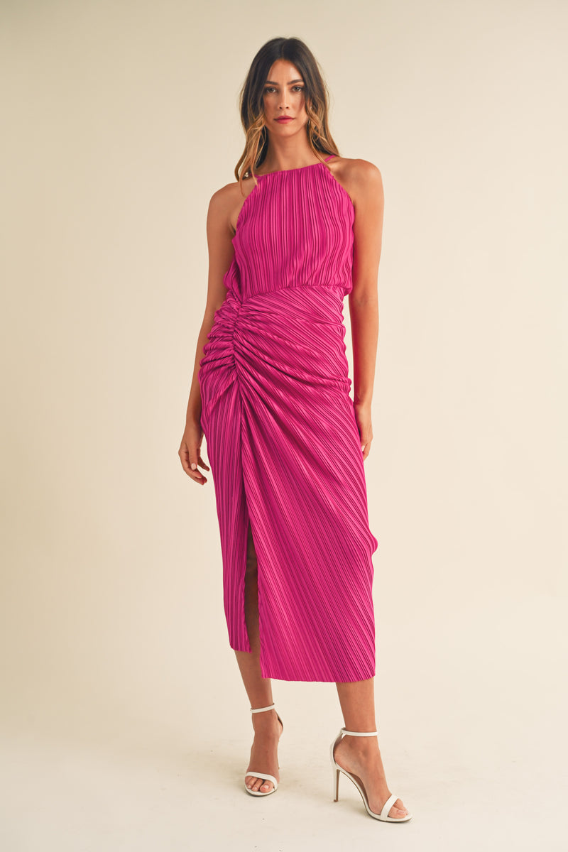 YANNI RUCHED PLEATED MIDI DRESS