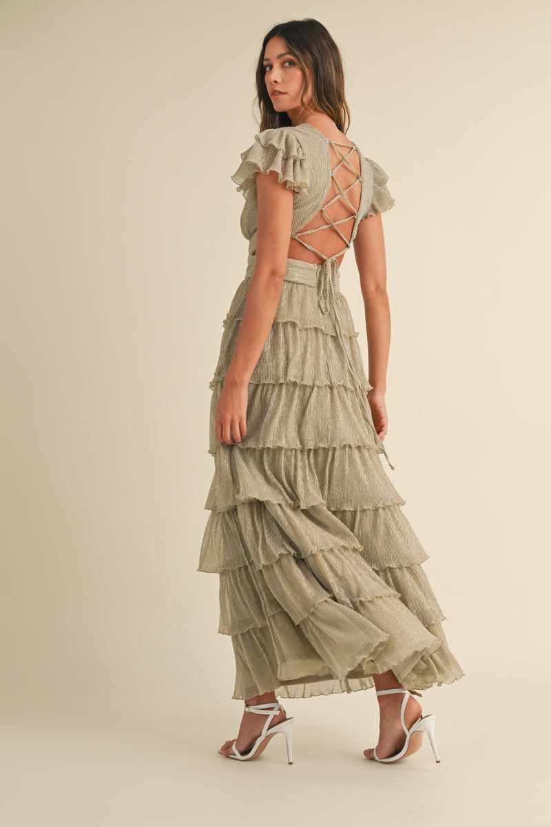 ALESSIA LUREX PLEATED TIERED MAXI DRESS