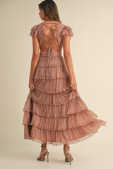 ALESSIA LUREX PLEATED TIERED MAXI DRESS