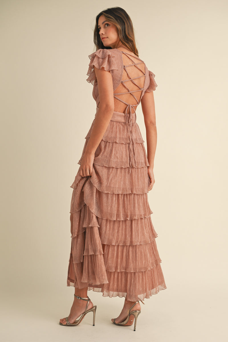 ALESSIA LUREX PLEATED TIERED MAXI DRESS