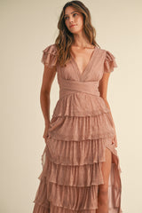 ALESSIA LUREX PLEATED TIERED MAXI DRESS