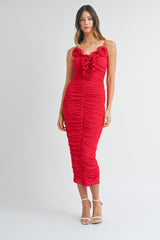 CORSAGE DETAILED RUCHED BODYCON MIDI DRESS