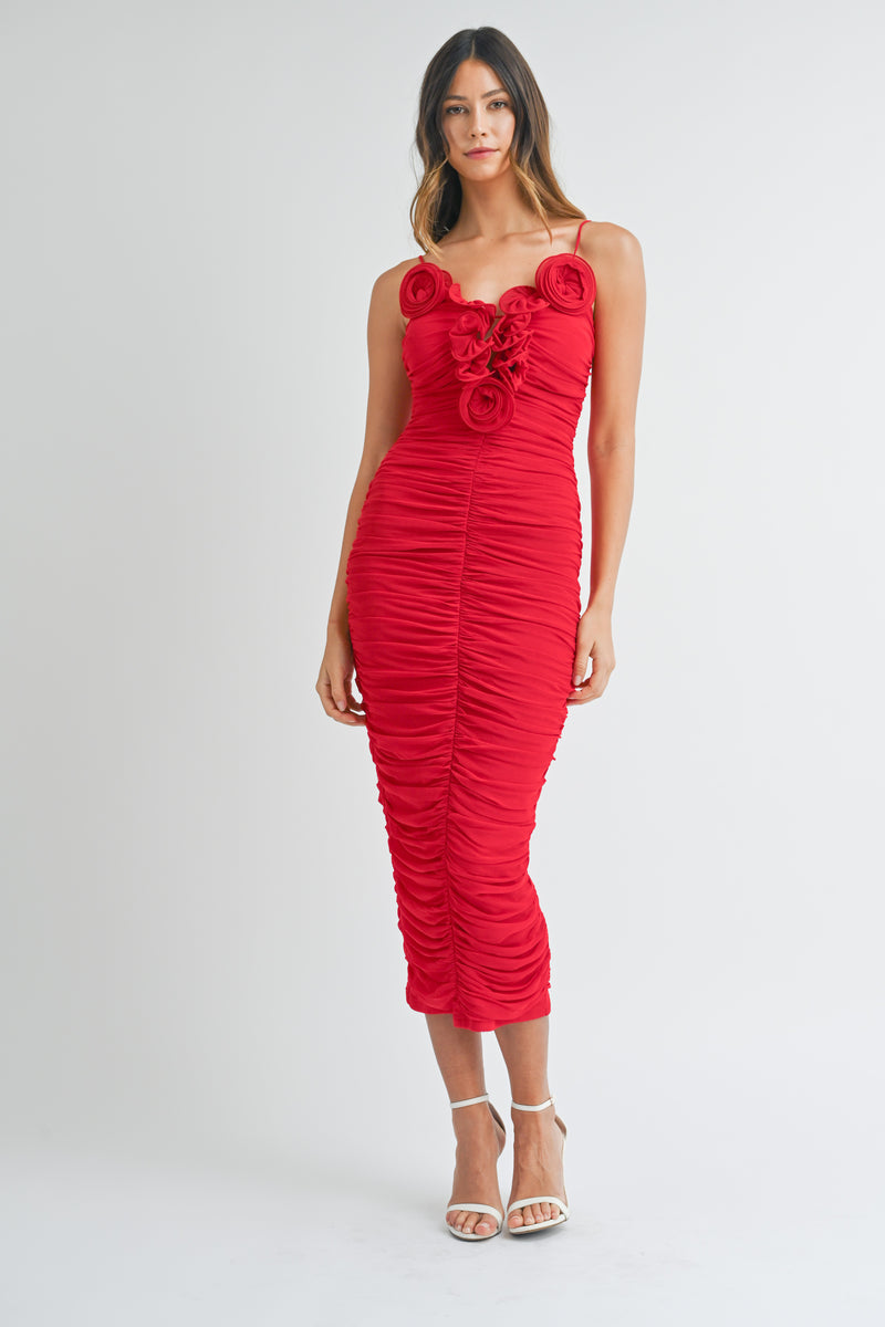 CORSAGE DETAILED RUCHED BODYCON MIDI DRESS