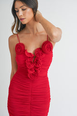CORSAGE DETAILED RUCHED BODYCON MIDI DRESS