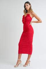 CORSAGE DETAILED RUCHED BODYCON MIDI DRESS