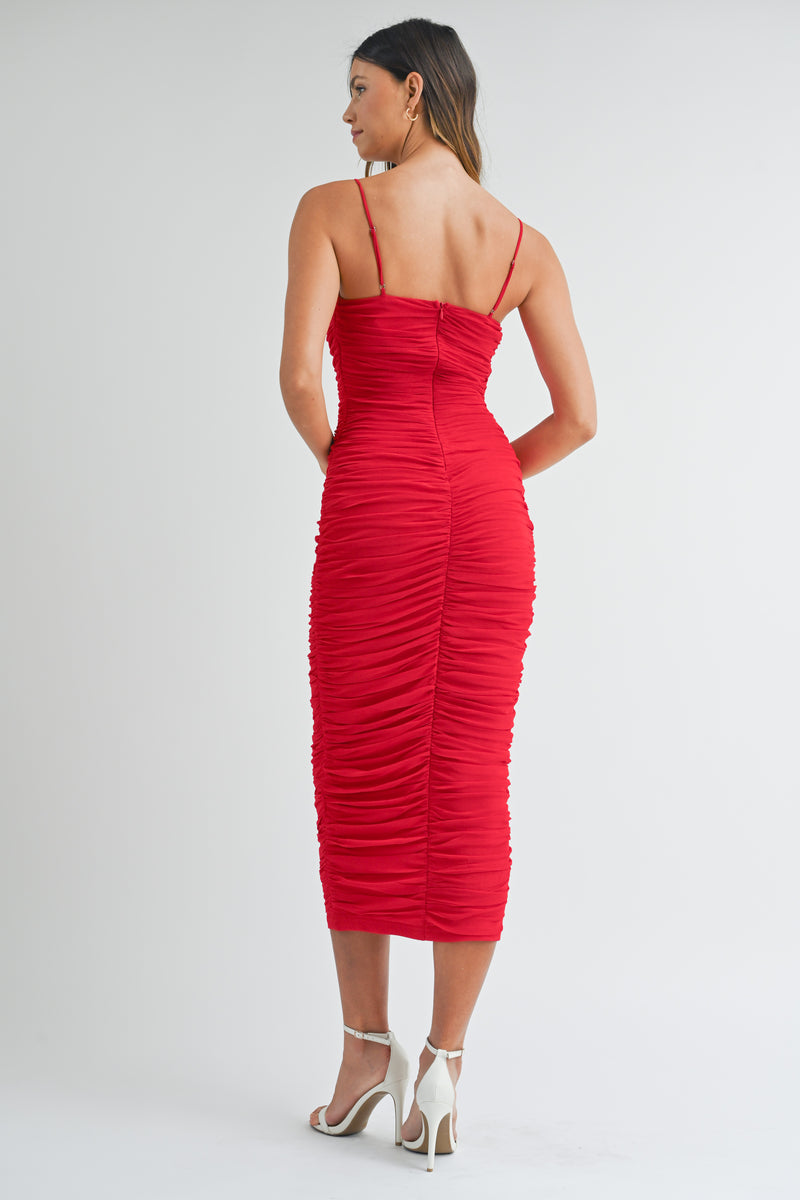 CORSAGE DETAILED RUCHED BODYCON MIDI DRESS