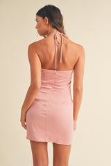 RYAN HALTER NECK CORSAGE SATIN MINI DRESS