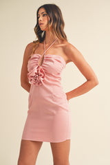RYAN HALTER NECK CORSAGE SATIN MINI DRESS