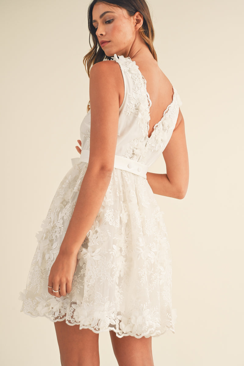 GISELLE RIBBON DEEP V NECK FLORAL MINI DRESS