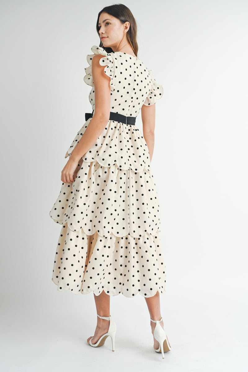 ROBIN POLKADOT SCALLOPED TIERED MIDI DRESS