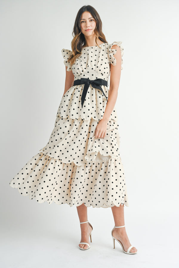 ROBIN POLKADOT SCALLOPED TIERED MIDI DRESS