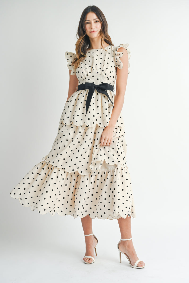 ROBIN POLKADOT SCALLOPED TIERED MIDI DRESS