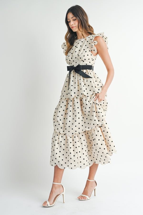 ROBIN POLKADOT SCALLOPED TIERED MIDI DRESS