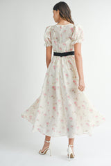 CAITLIN PUFF SLEEVE FRONT BOW BELT MIDI DRESS