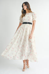 CAITLIN PUFF SLEEVE FRONT BOW BELT MIDI DRESS