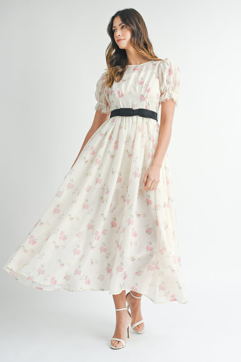 CAITLIN PUFF SLEEVE FRONT BOW BELT MIDI DRESS
