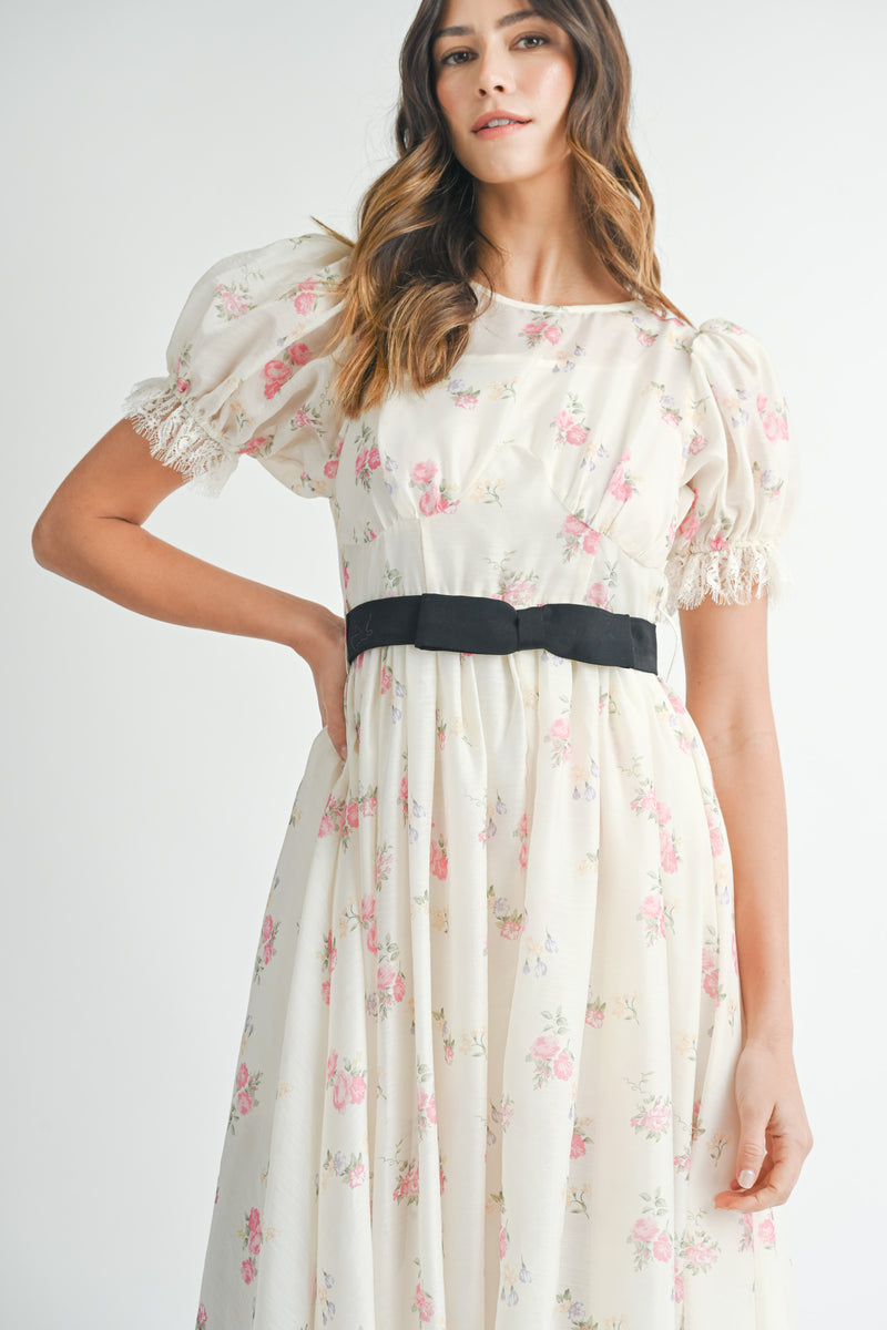CAITLIN PUFF SLEEVE FRONT BOW BELT MIDI DRESS