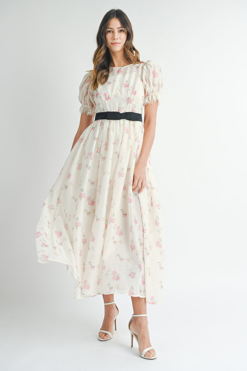 CAITLIN PUFF SLEEVE FRONT BOW BELT MIDI DRESS