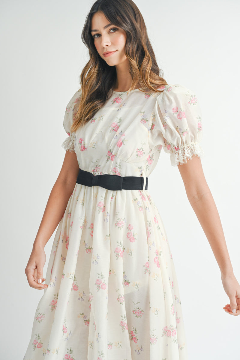 CAITLIN PUFF SLEEVE FRONT BOW BELT MIDI DRESS