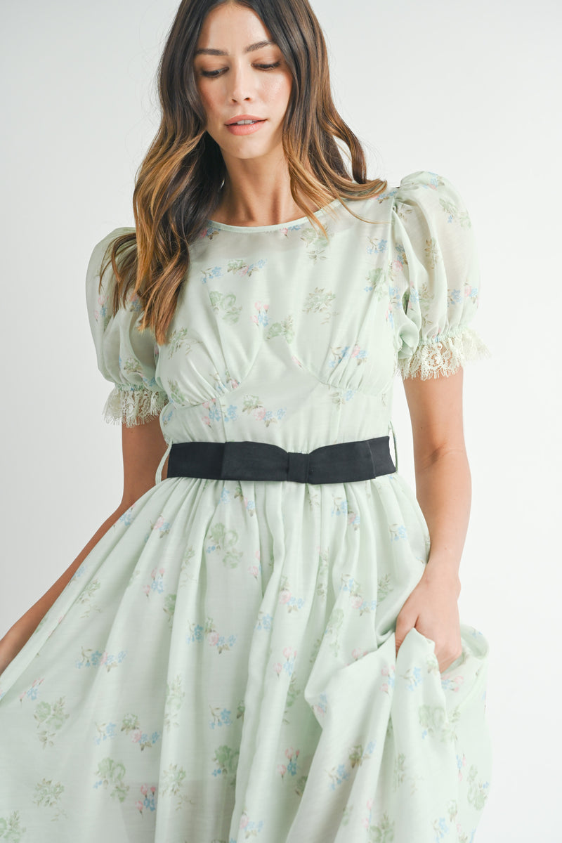 CAITLIN PUFF SLEEVE FRONT BOW BELT MIDI DRESS