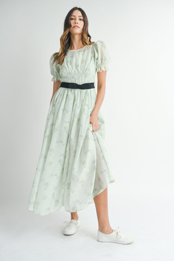 CAITLIN PUFF SLEEVE FRONT BOW BELT MIDI DRESS