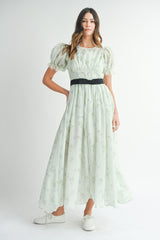 CAITLIN PUFF SLEEVE FRONT BOW BELT MIDI DRESS