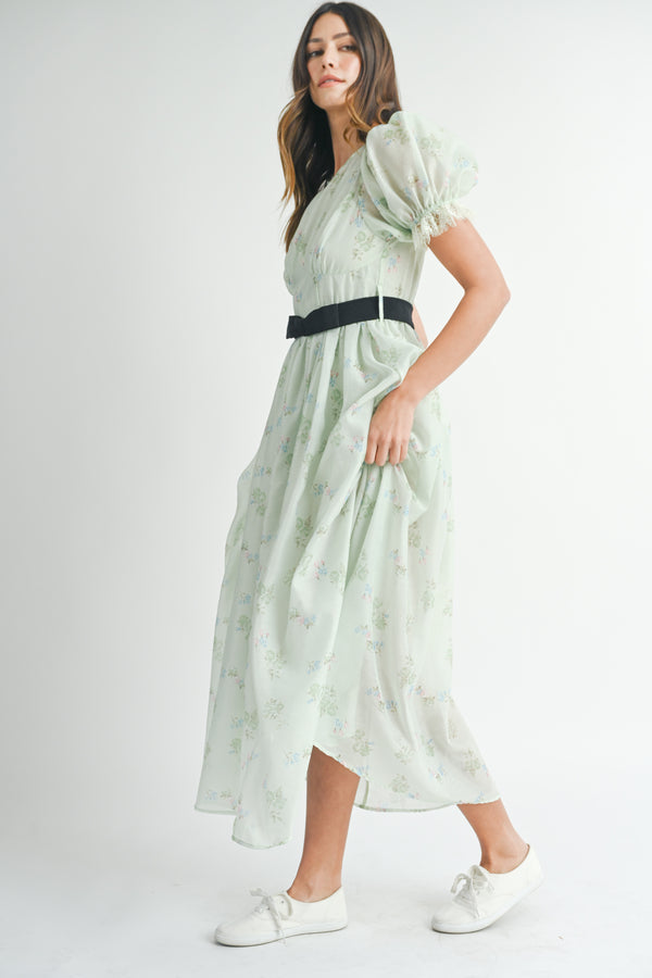 CAITLIN PUFF SLEEVE FRONT BOW BELT MIDI DRESS