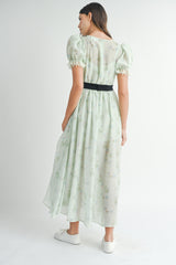 CAITLIN PUFF SLEEVE FRONT BOW BELT MIDI DRESS