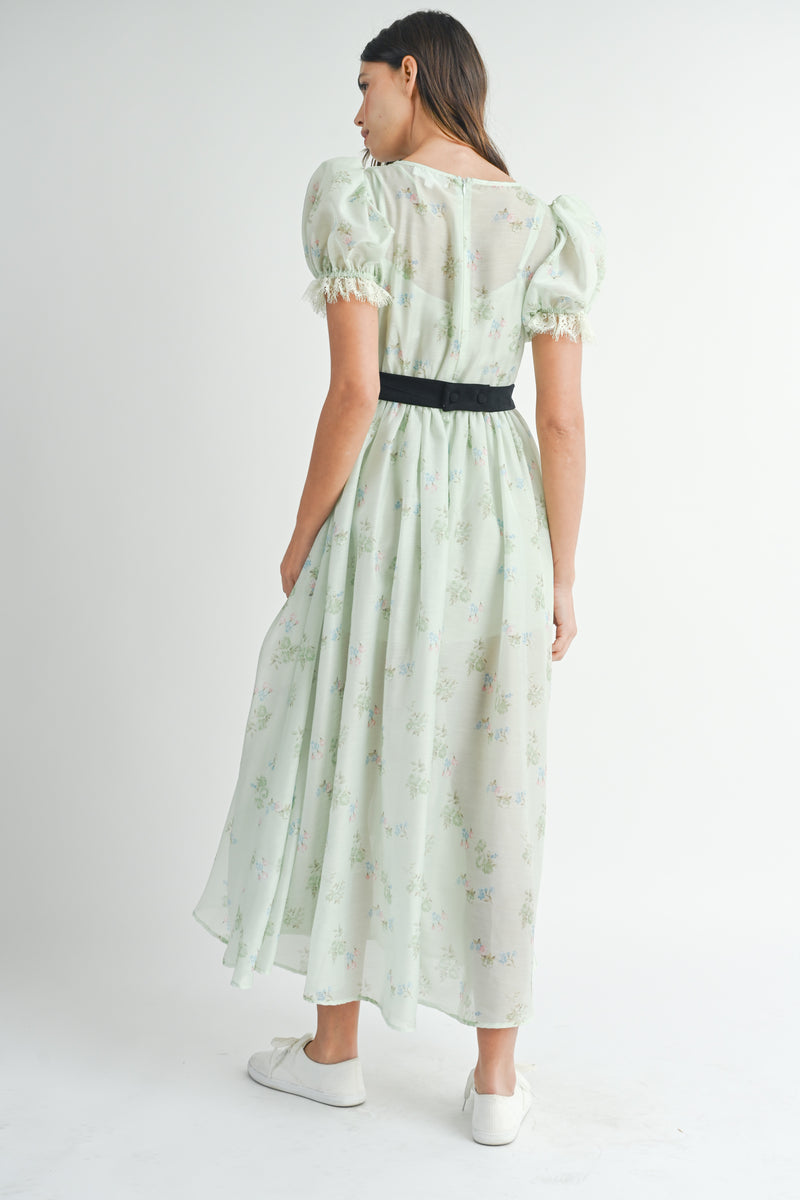 CAITLIN PUFF SLEEVE FRONT BOW BELT MIDI DRESS