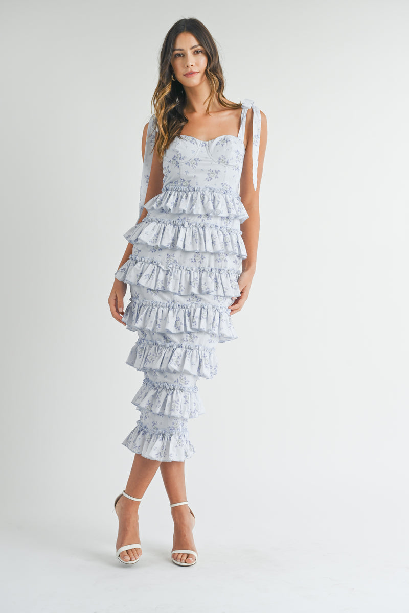BLYTHE FLORAL TIERED BUSTIER MIDI DRESS