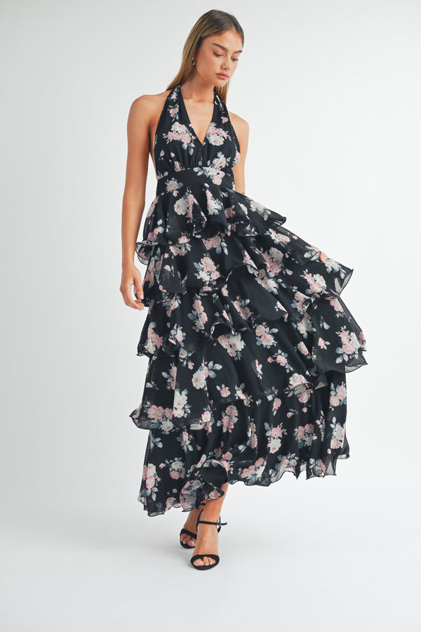 KARINA TIERED HALTERNECK FLORAL MAXI DRESS