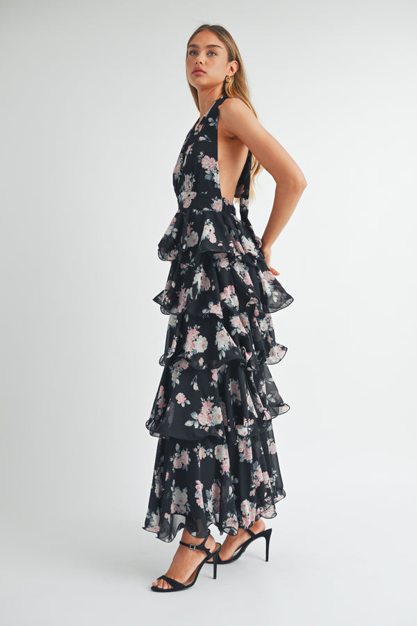 KARINA TIERED HALTERNECK FLORAL MAXI DRESS