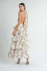 OAKLEE TIERED HALTERNECK FLORAL MAXI DRESS