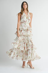 OAKLEE TIERED HALTERNECK FLORAL MAXI DRESS