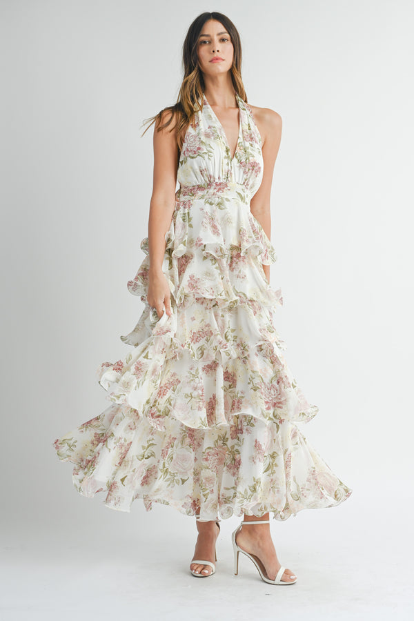 OAKLEE TIERED HALTERNECK FLORAL MAXI DRESS