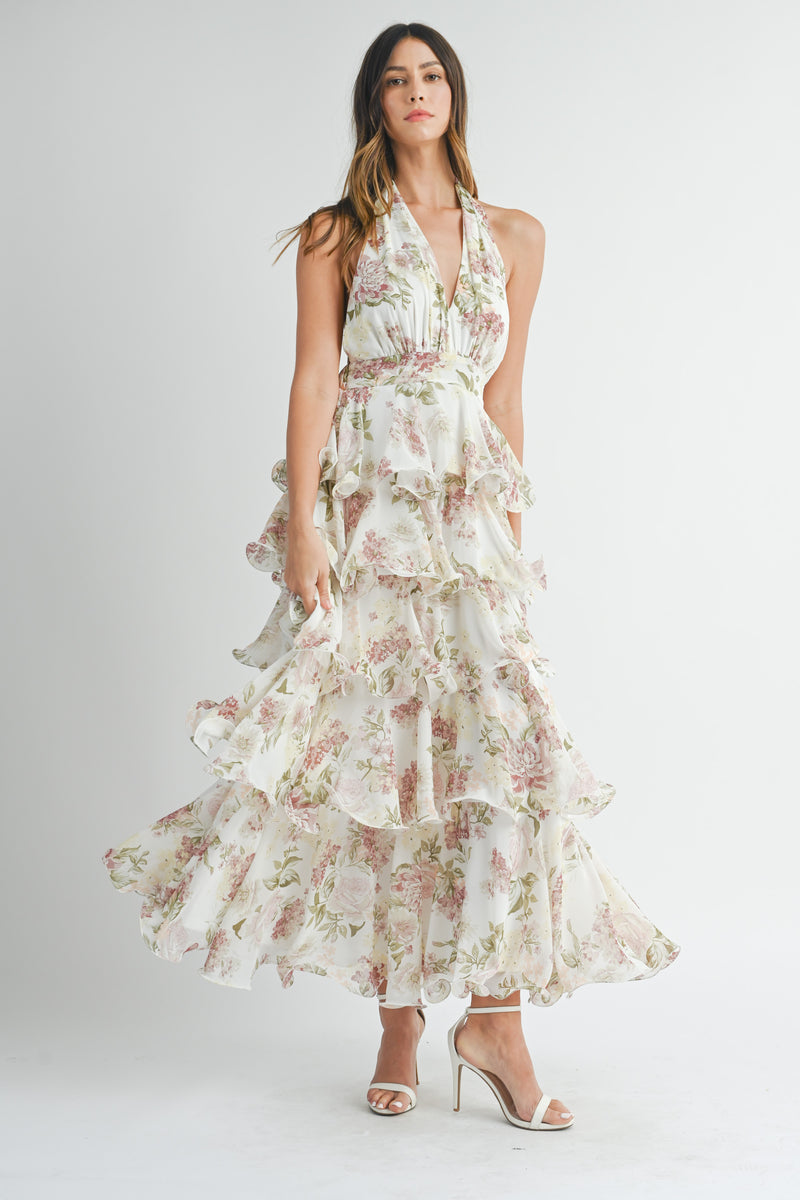 OAKLEE TIERED HALTERNECK FLORAL MAXI DRESS