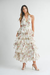 OAKLEE TIERED HALTERNECK FLORAL MAXI DRESS