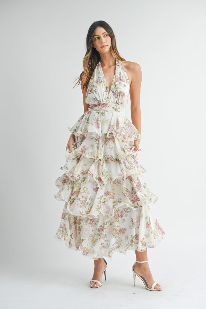 OAKLEE TIERED HALTERNECK FLORAL MAXI DRESS