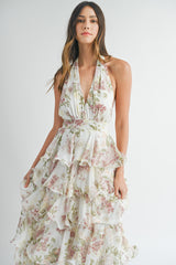 OAKLEE TIERED HALTERNECK FLORAL MAXI DRESS