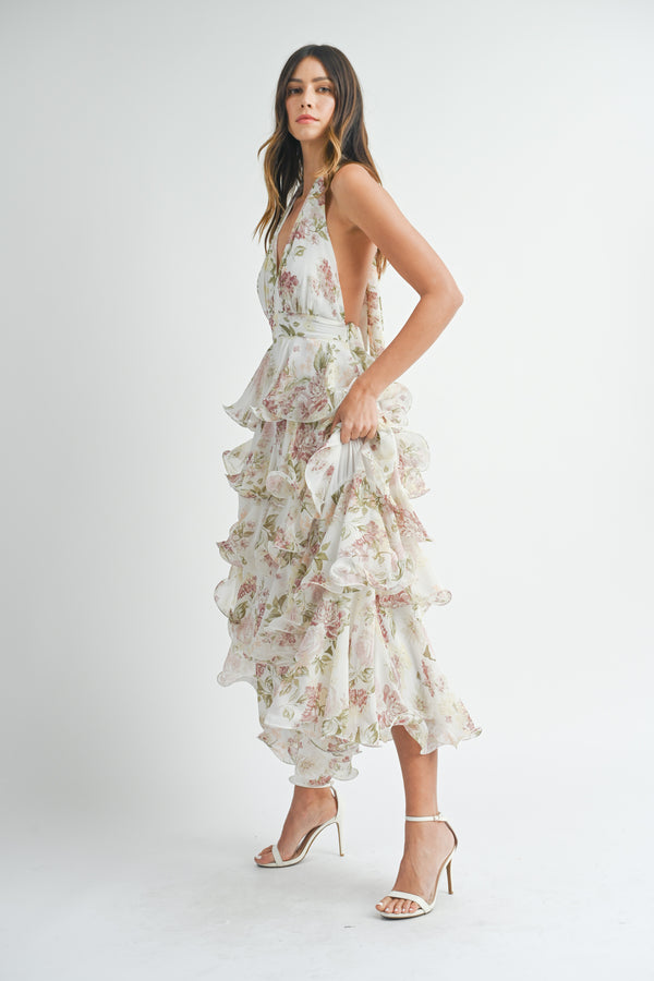 OAKLEE TIERED HALTERNECK FLORAL MAXI DRESS
