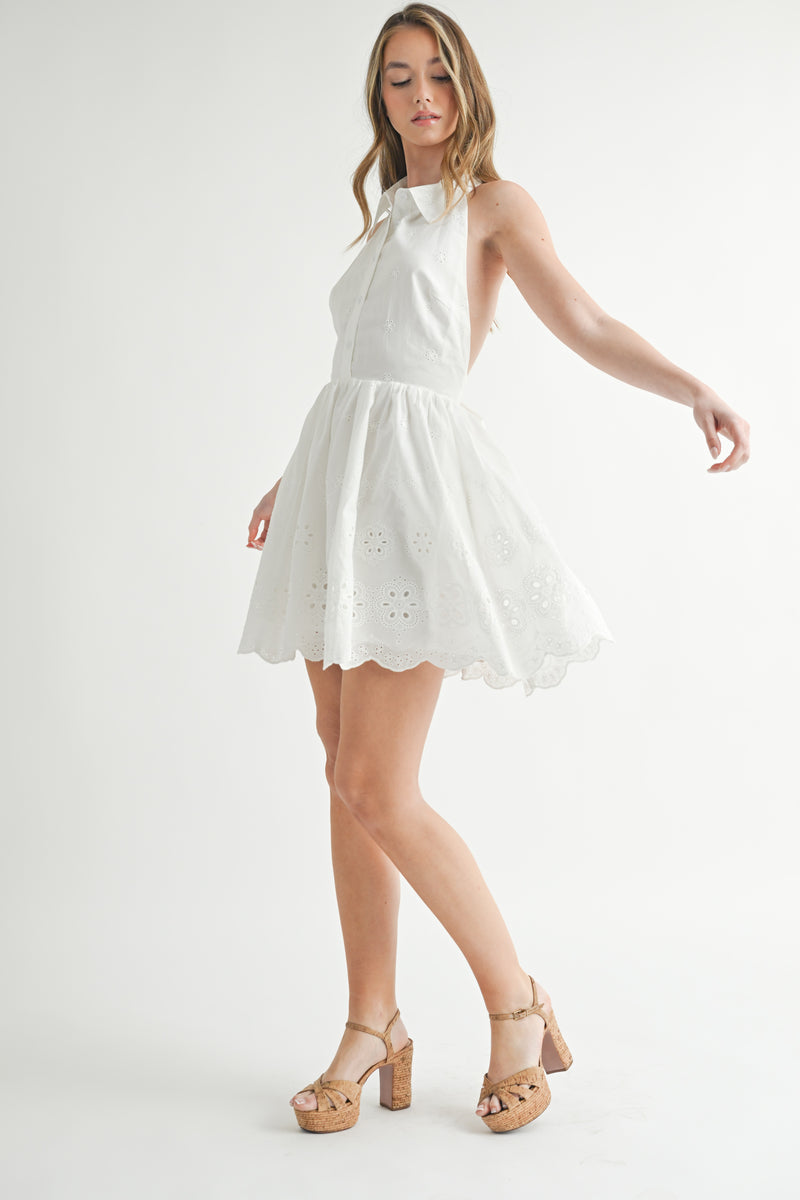 CORINNE EYELET HALTER SHIRT MINI DRESS