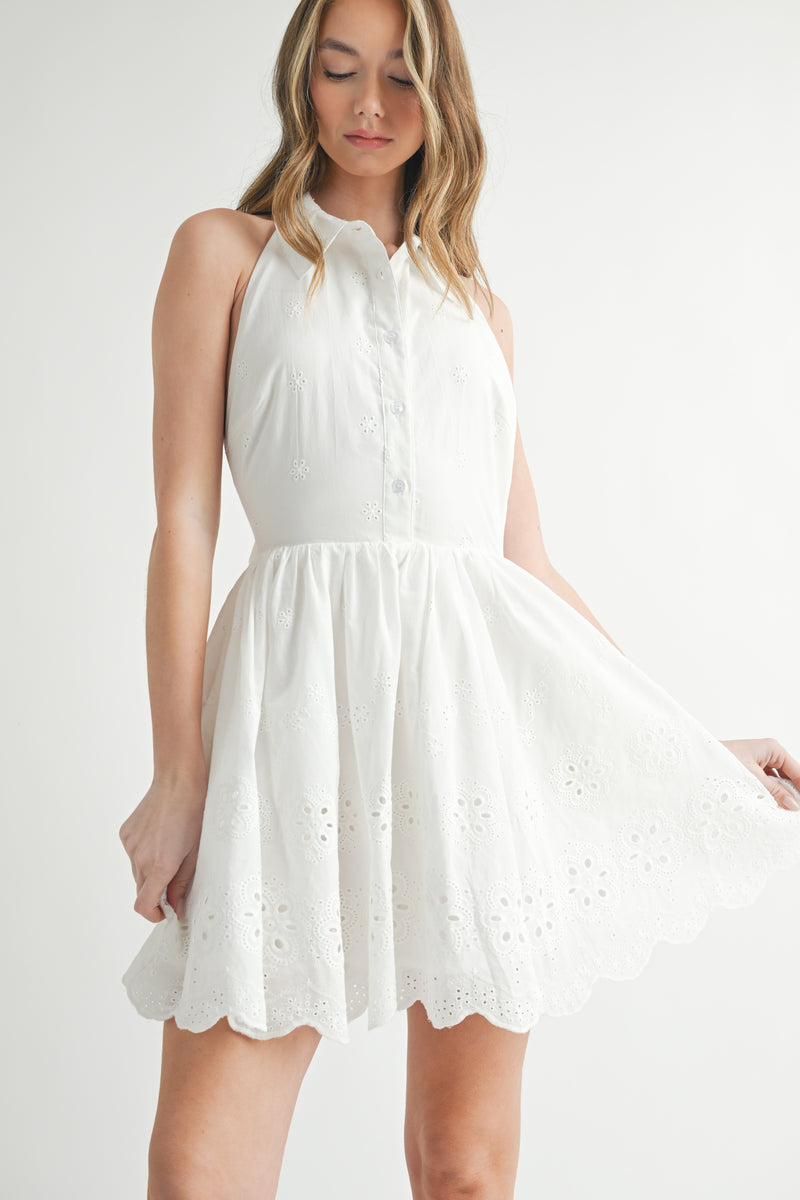 CORINNE EYELET HALTER SHIRT MINI DRESS