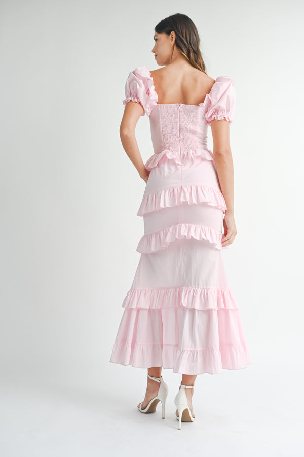 EVA BUTTON FRONT RUFFLE TIERED MAXI DRESS