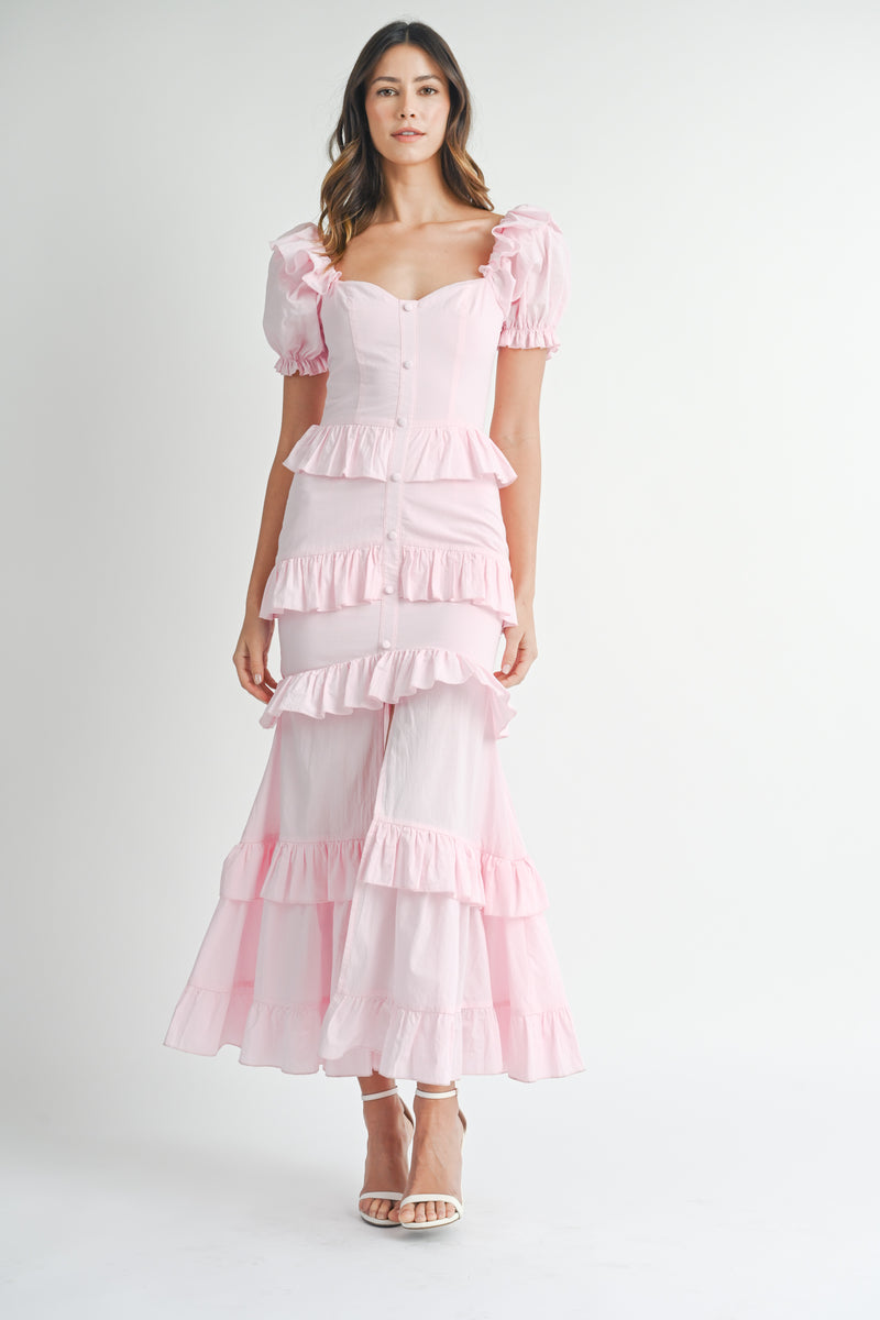 EVA BUTTON FRONT RUFFLE TIERED MAXI DRESS