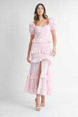 EVA BUTTON FRONT RUFFLE TIERED MAXI DRESS