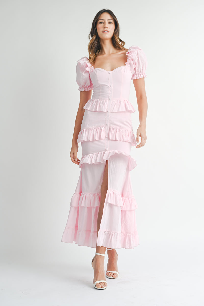 EVA BUTTON FRONT RUFFLE TIERED MAXI DRESS